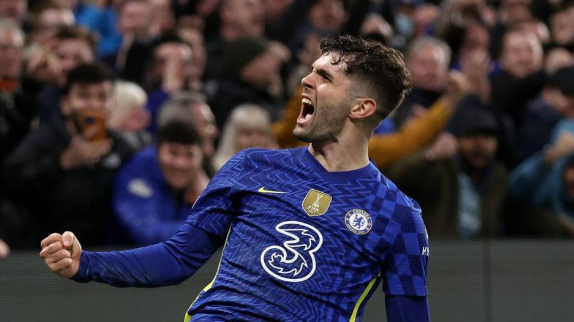 Chelsea's Christian Pulisic celebrates after scoring his side's second goal during the Champions League round of 16, first leg, soccer match between Chelsea and LOSC Lille at Stamford Bridge stadium in London, Tuesday, Feb. 22, 2022.