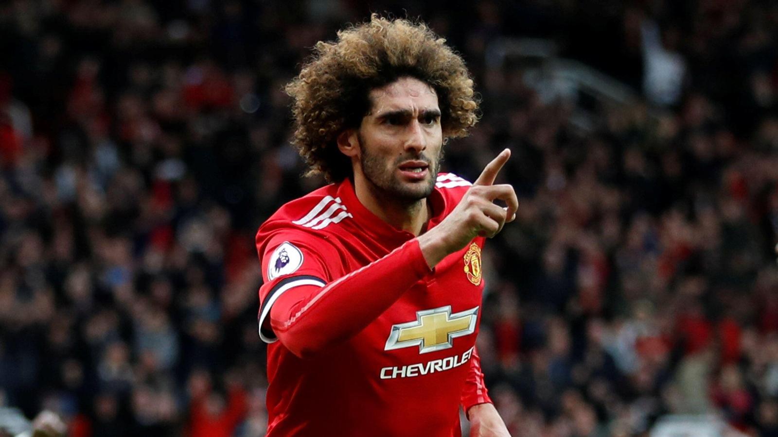 Marouane Fellaini celebrates scoring for Manchester United against Arsenal at Old Trafford, Manchester, April 2018.