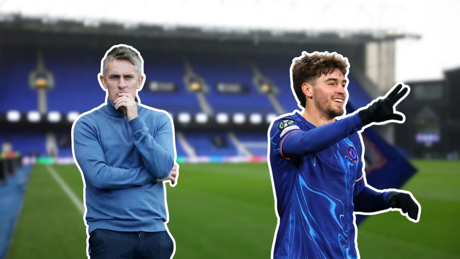 Hình ảnh ghép HLV Kieran McKenna và cầu thủ trẻ Marc Guiu với phông nền sân Portman Road của Ipswich