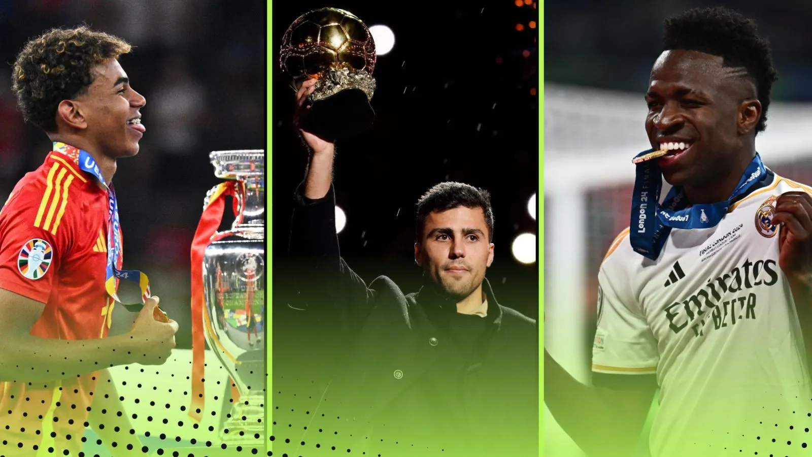 Hình ảnh minh họa bài trắc nghiệm bóng đá năm 2024 với Lamine Yamal, Rodri và Vinicius Junior