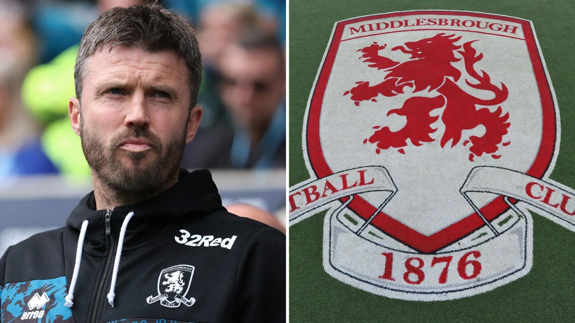 HLV Michael Carrick của Middlesbrough và logo đội bóng, biểu tượng cho chiến lược của CLB