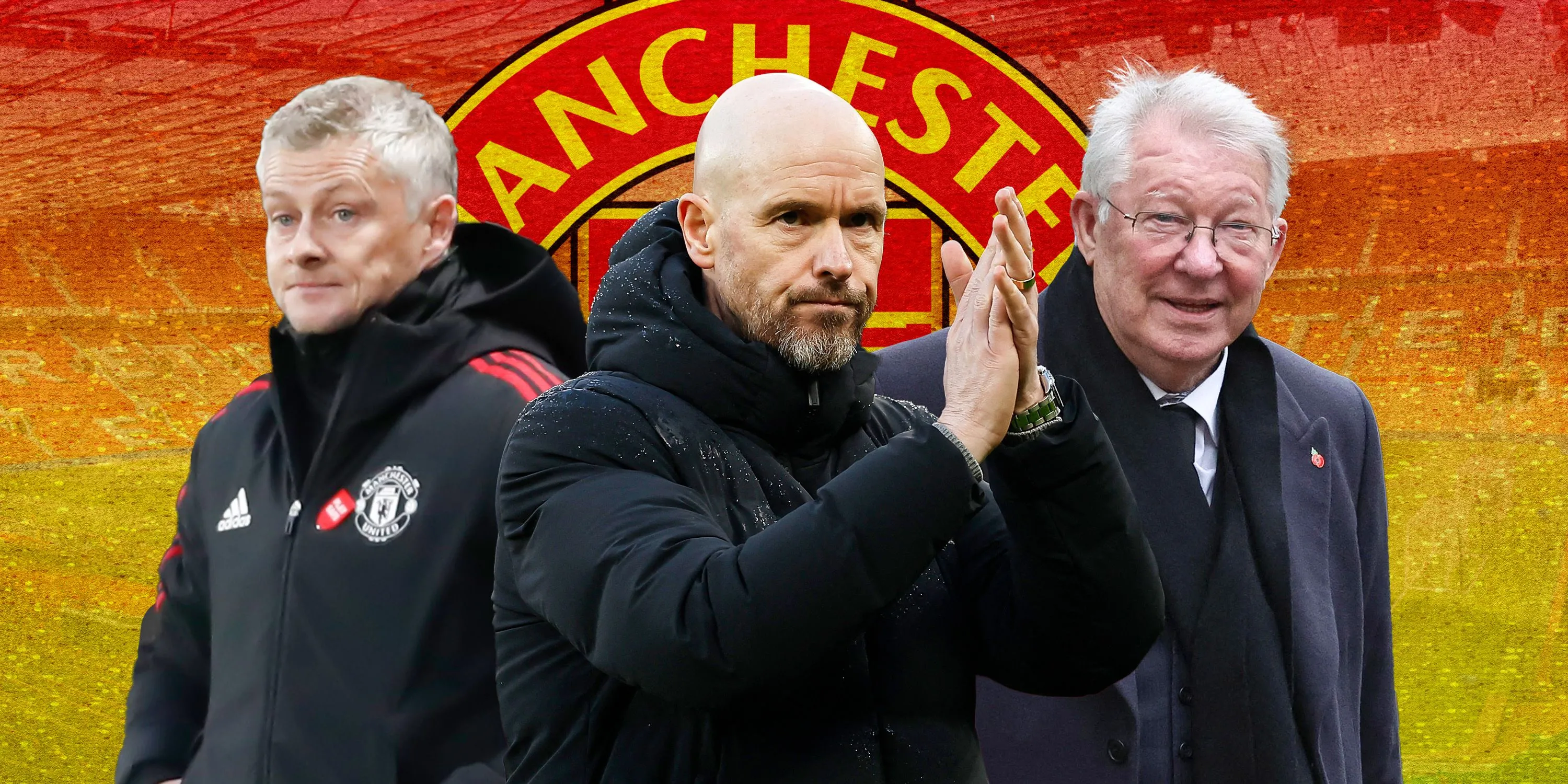 Ba đời HLV Manchester United: Sir Alex Ferguson, Ole Gunnar Solskjaer và Erik ten Hag, biểu tượng cho giai đoạn chuyển giao của Quỷ Đỏ