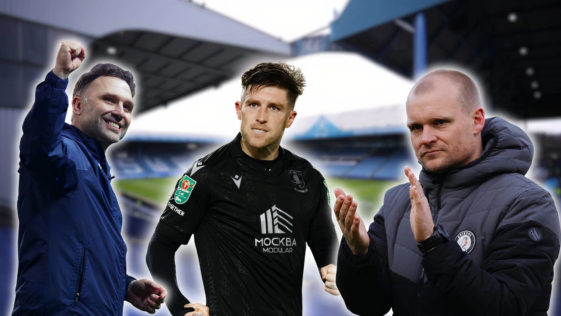 Josh Windass và các HLV Championship như John Eustace (Derby County), biểu tượng cho sự cạnh tranh giành chữ ký tiền đạo này.