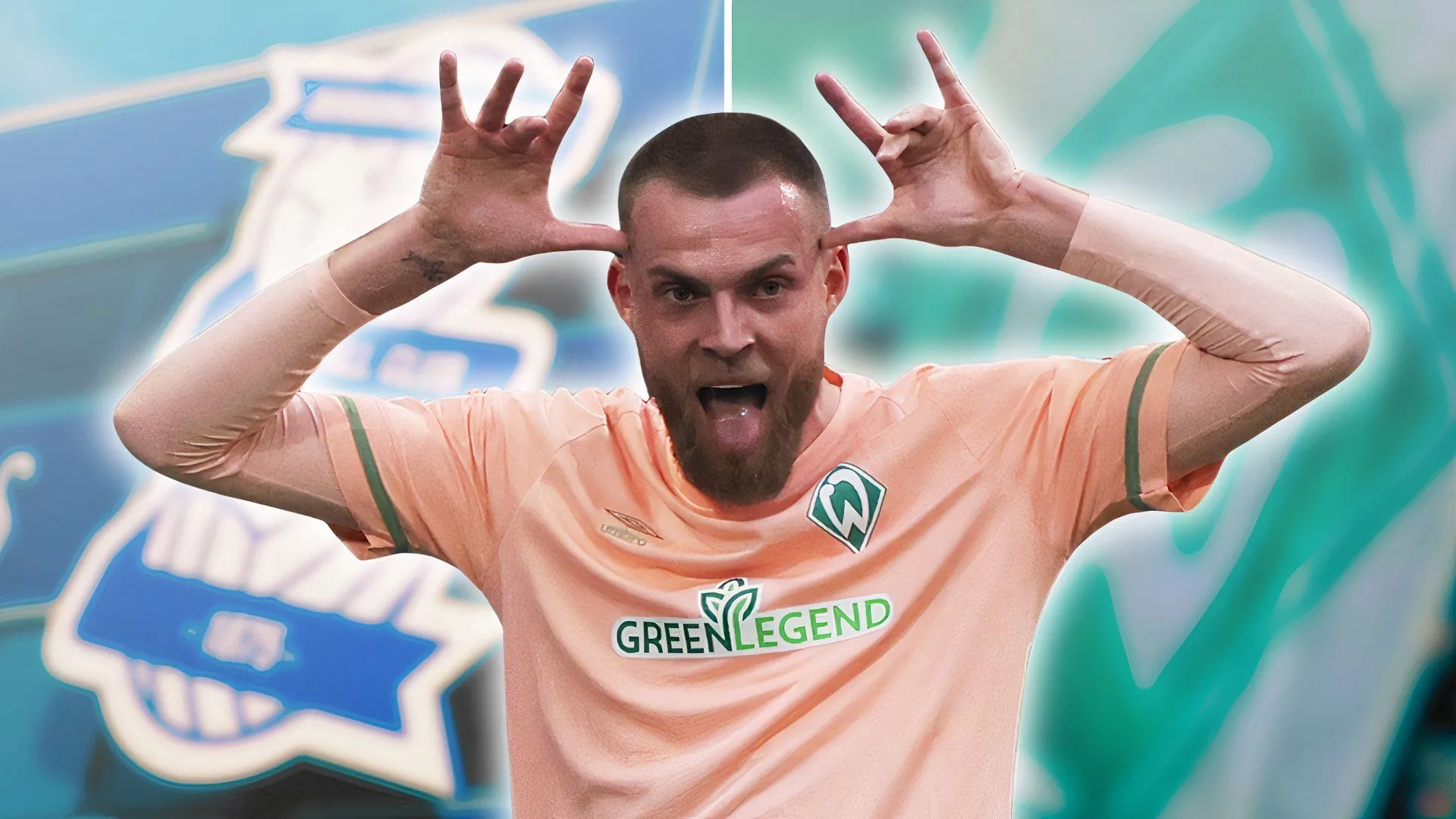 Marvin Ducksch trong màu áo Werder Bremen bên cạnh logo Birmingham City và Werder Bremen, biểu tượng cho tin chuyển nhượng sắp xảy ra