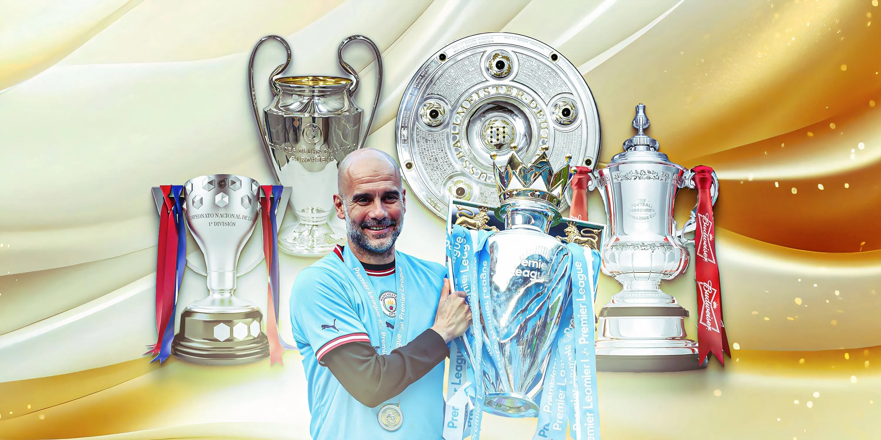 Pep Guardiola ăn mừng cùng các danh hiệu lớn trong sự nghiệp huấn luyện, minh chứng cho tầm vóc của ông