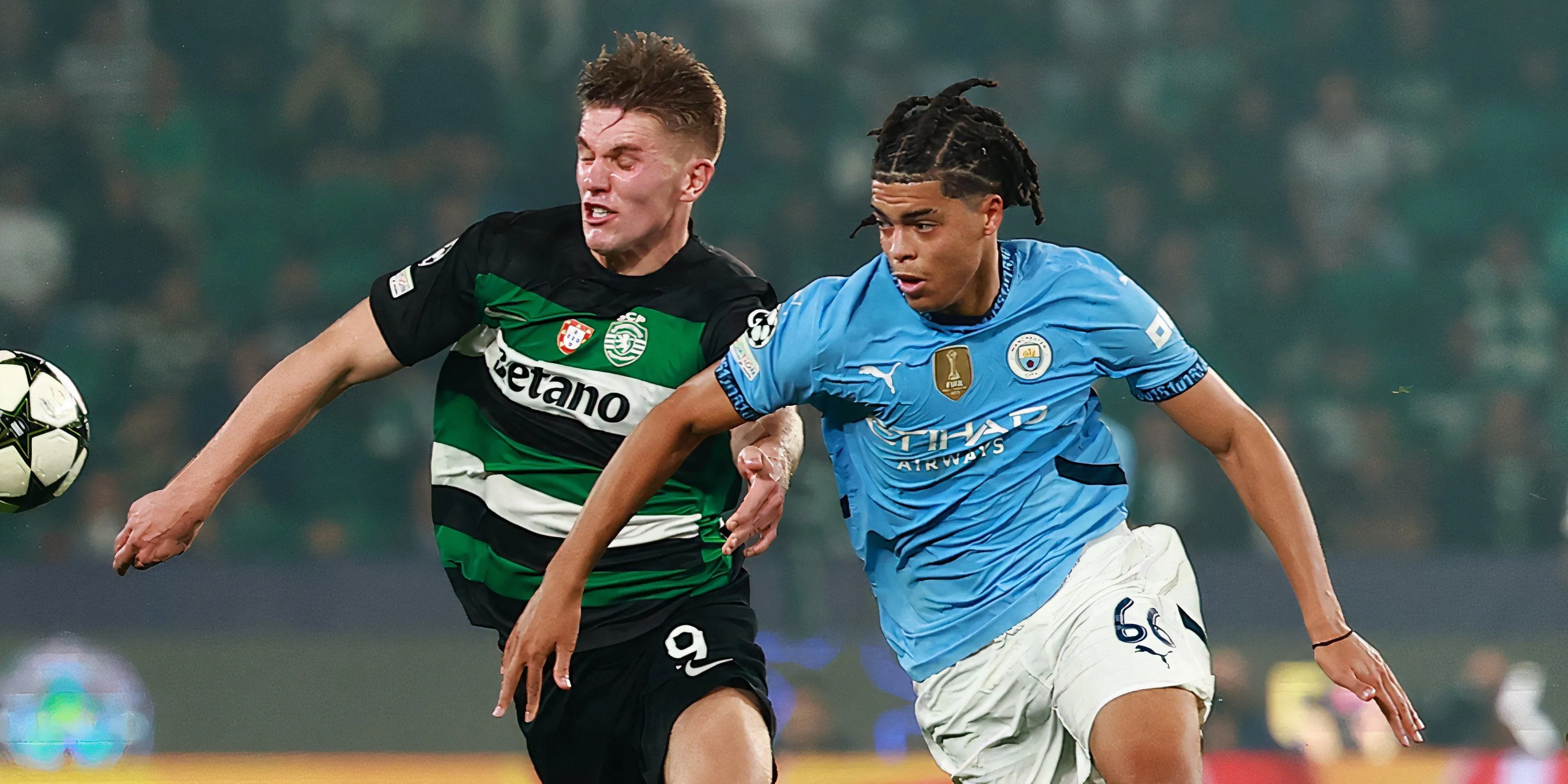 Viktor Gyokeres và Jahmai Simpson-Pusey trong trận đấu giữa Sporting và Man City